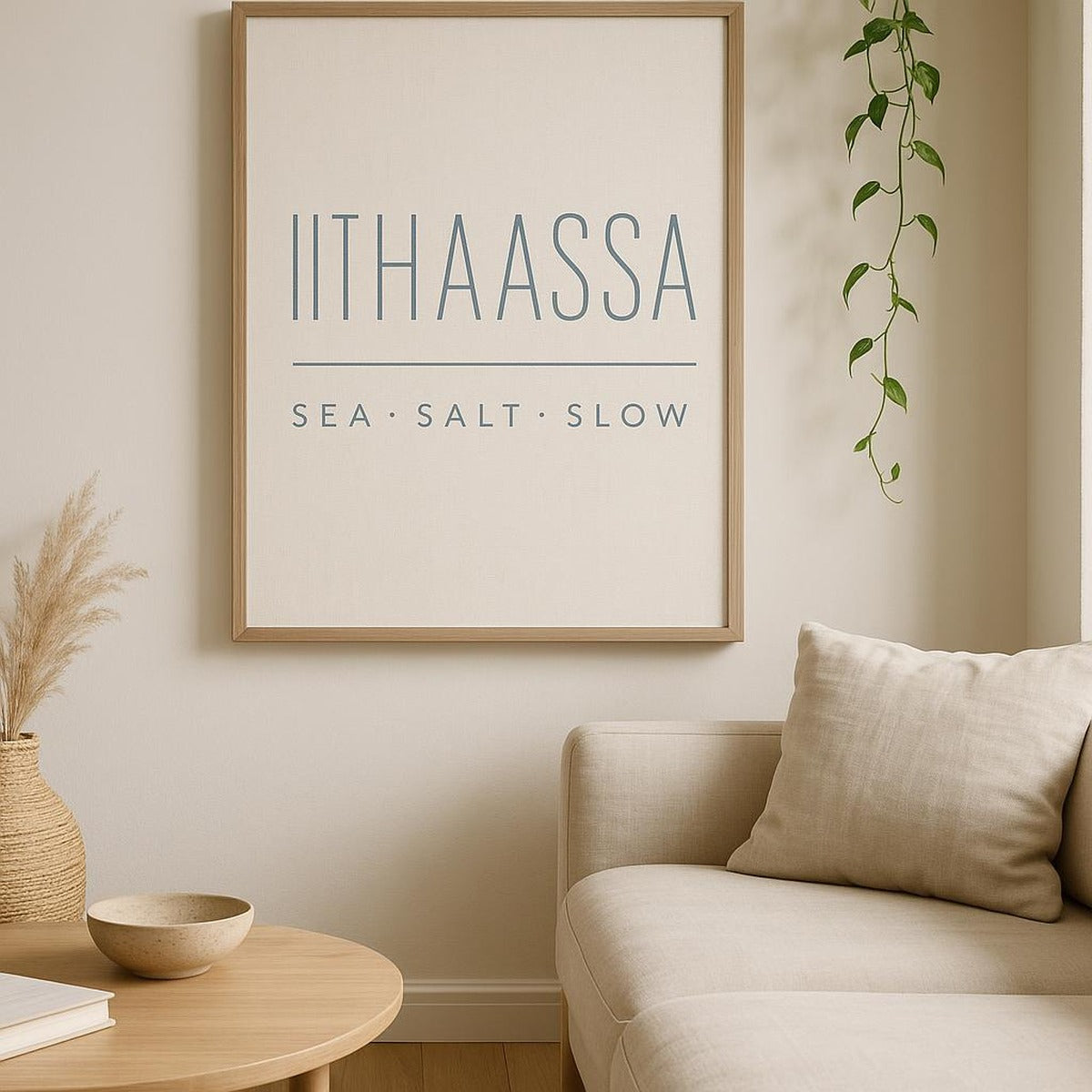 Full view of the artwork highlighting muted blue and sandy neutral palette