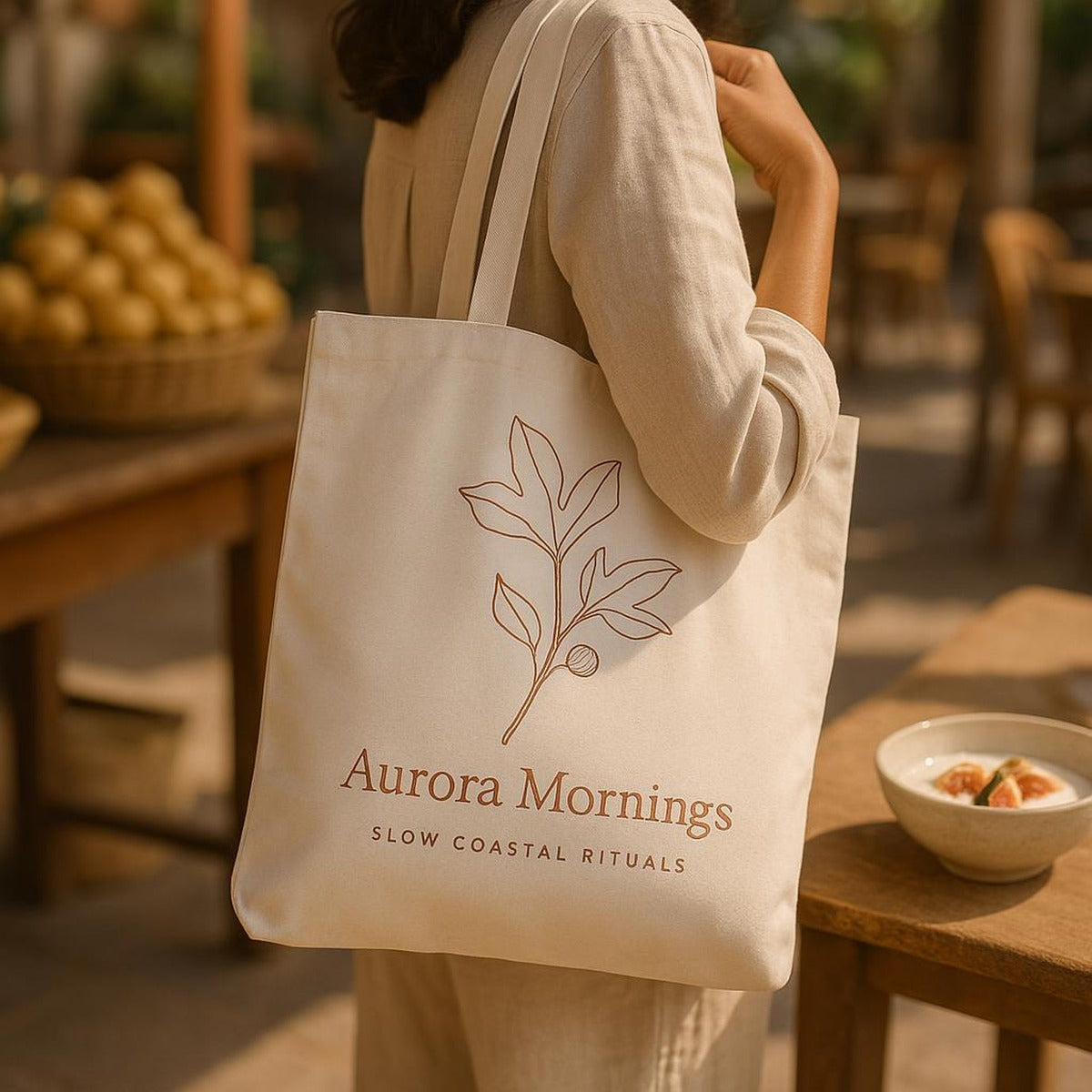 Lifestyle photo of the Aurora Morning tote carried on the shoulder along a sunlit coastal street