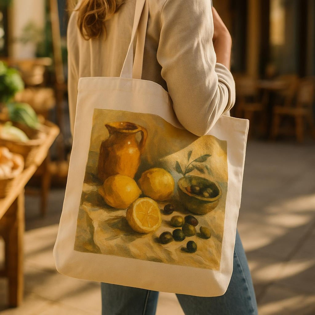 Model carrying the stone Riviera tote over one shoulder while walking a sunlit coastal street