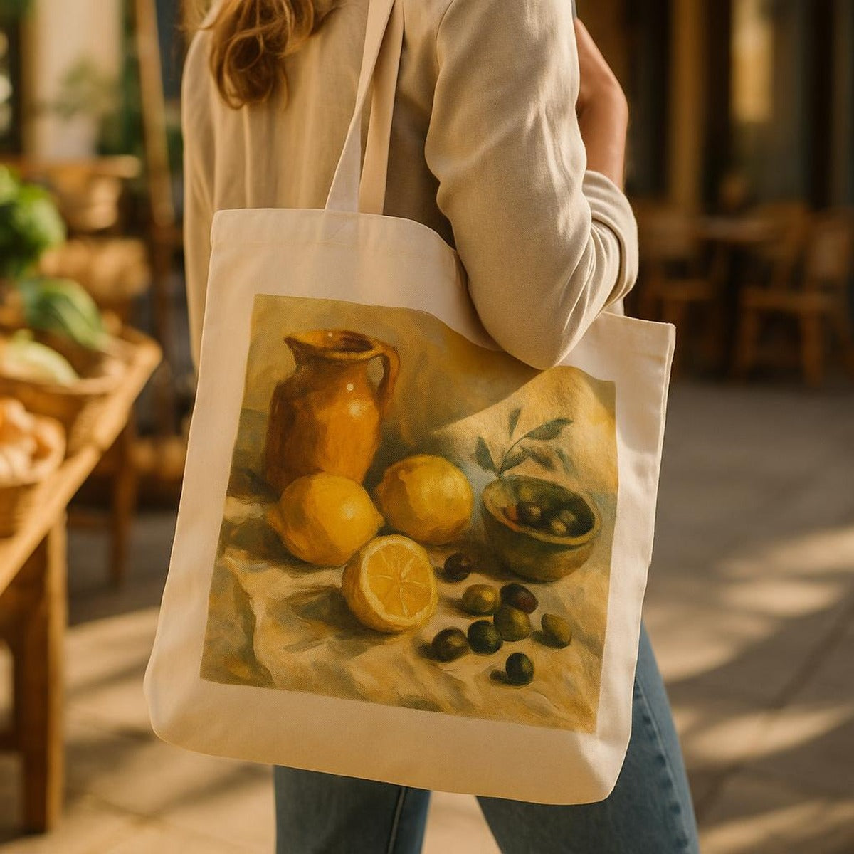 Model carrying the stone Riviera tote over one shoulder while walking a sunlit coastal street