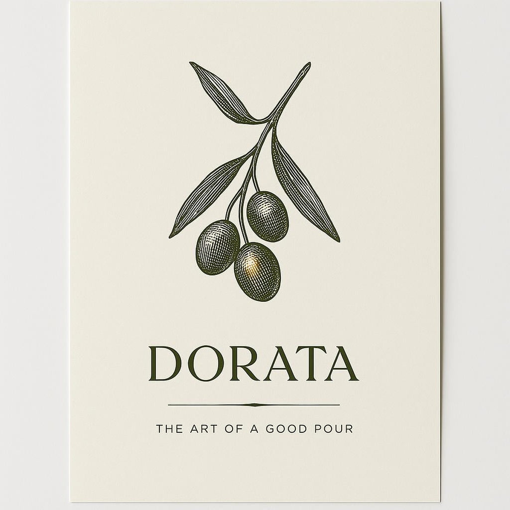 Amber glass olive oil pourer art print with cork spout on a warm cream background