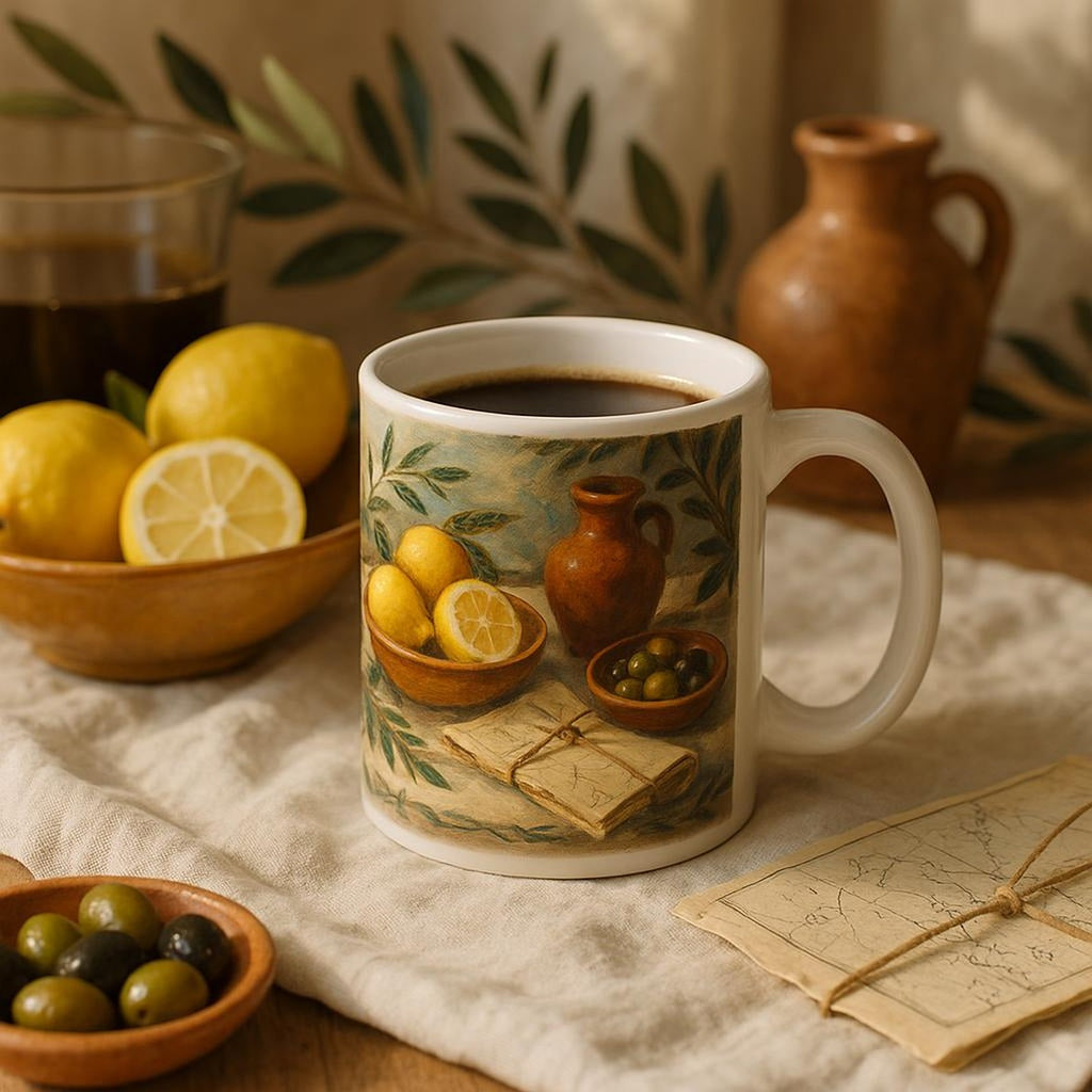 The map mug on a bedside table next to an open book and soft natural light
