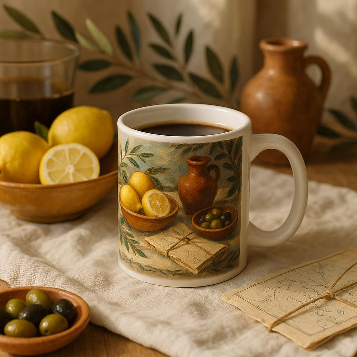 The map mug on a bedside table next to an open book and soft natural light