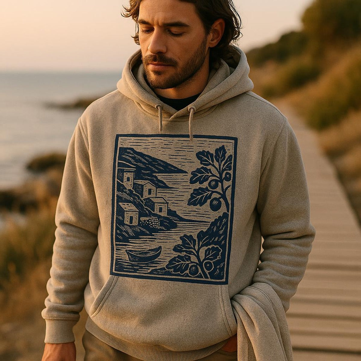 Person in the fig and stone hoodie standing in a sunlit kitchen holding a coffee