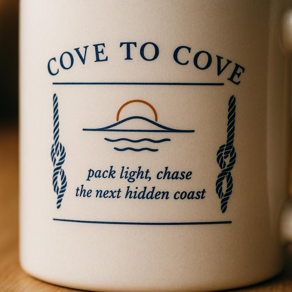 Close-up of the fade-resistant island-hopping print and glossy glaze on the stoneware mug
