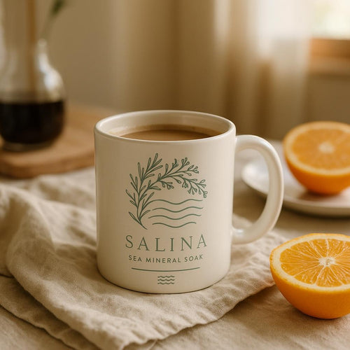 Lifestyle photo of the coastal mug on a wooden table beside a linen napkin and morning coffee