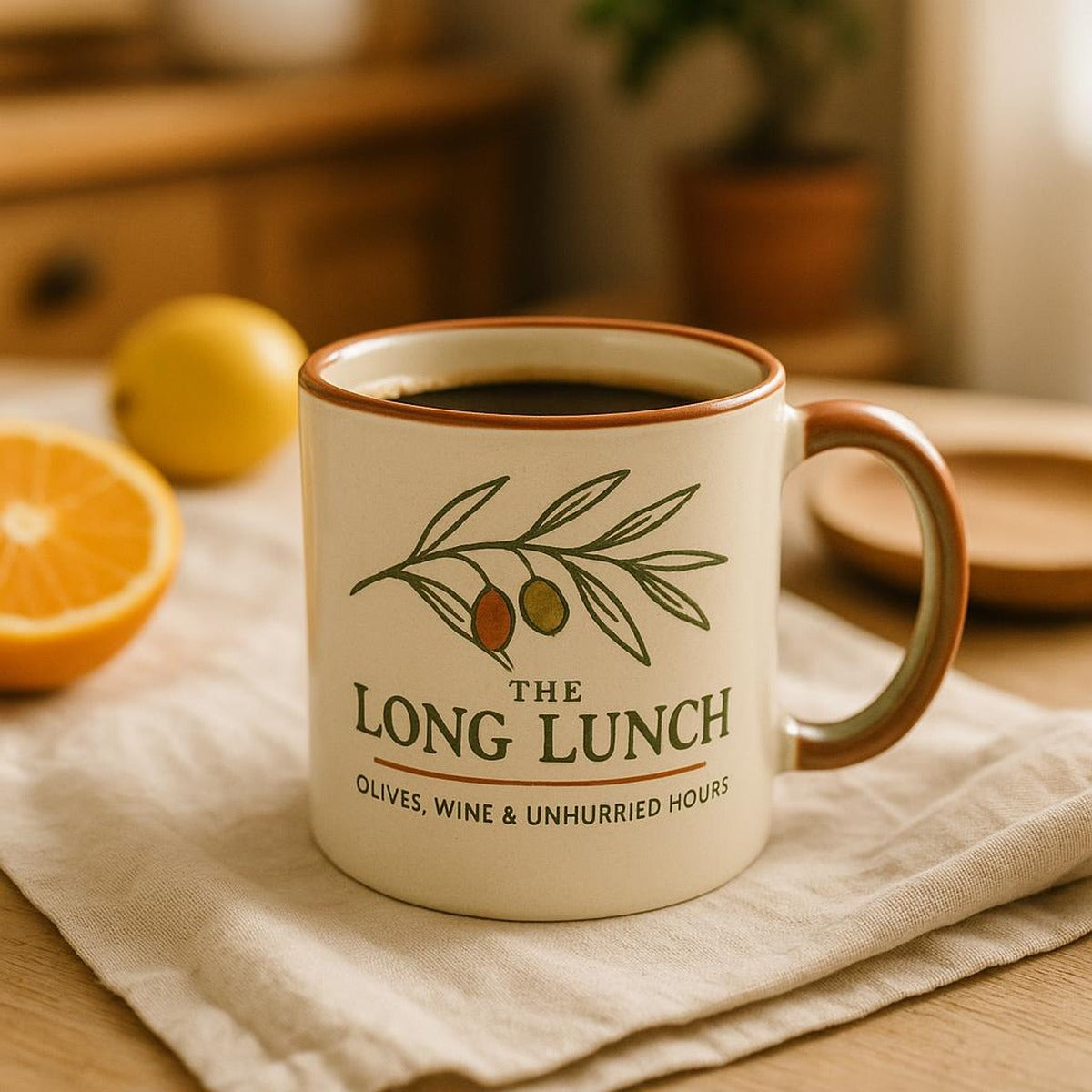 Olive duo mug styled on a wooden kitchen shelf with linen and greenery