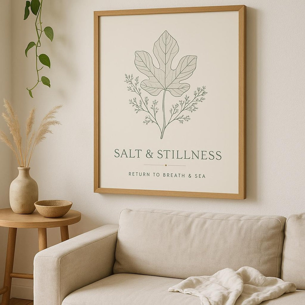 Lifestyle scene of the coastal wellness poster framed above a bathtub with linen towels and ceramic bottles