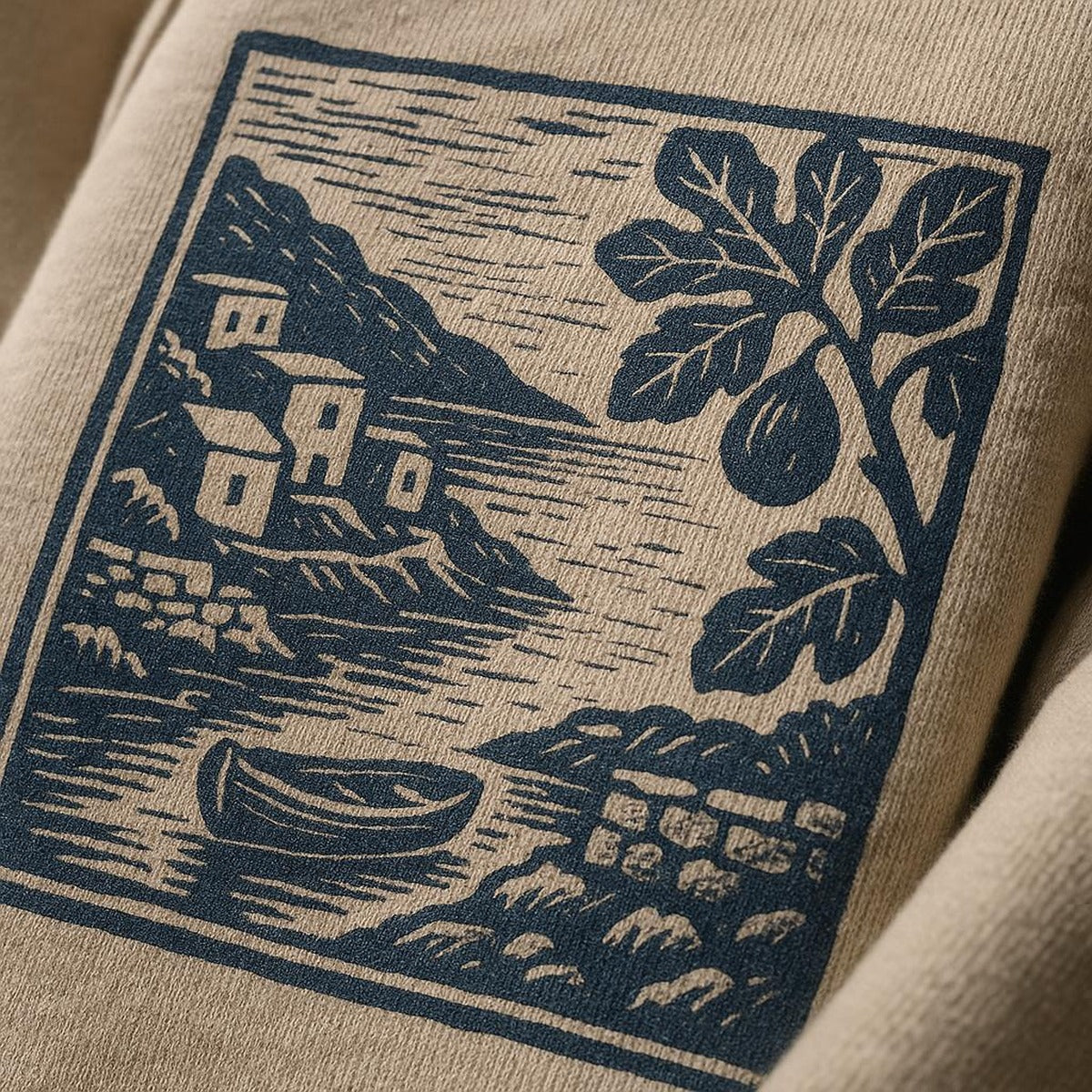 Close-up of soft brushed fleece fabric and water-based fig print detail