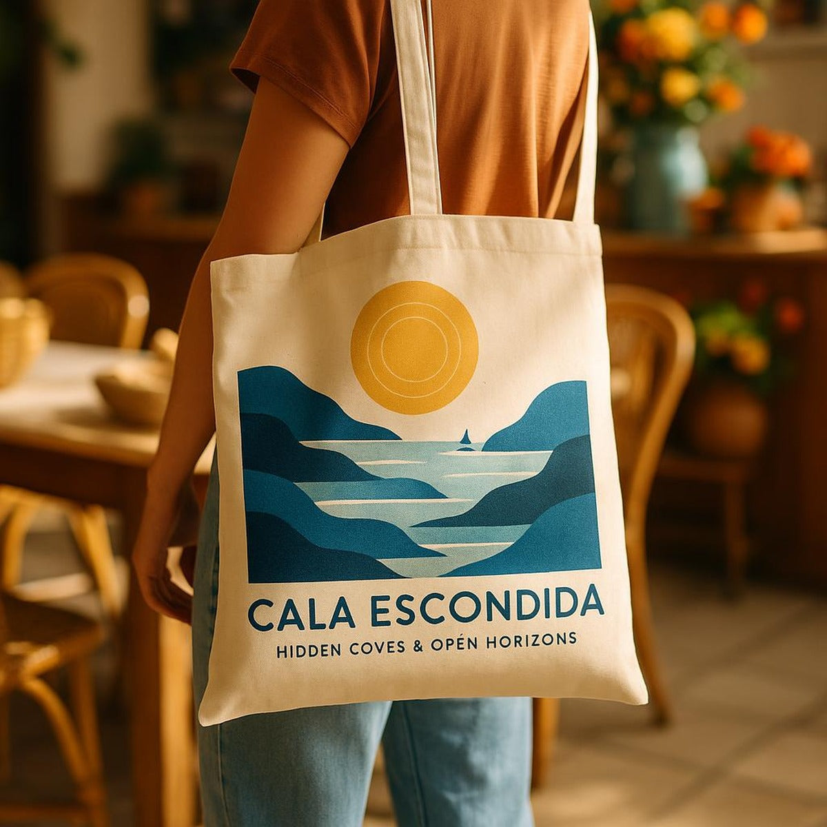 Tote bag packed with a rolled beach towel, book and water bottle to show interior capacity