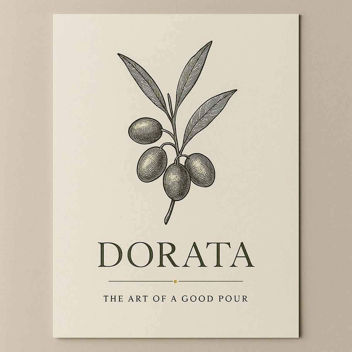 Unframed olive oil bottle illustration held at the edges to show paper weight