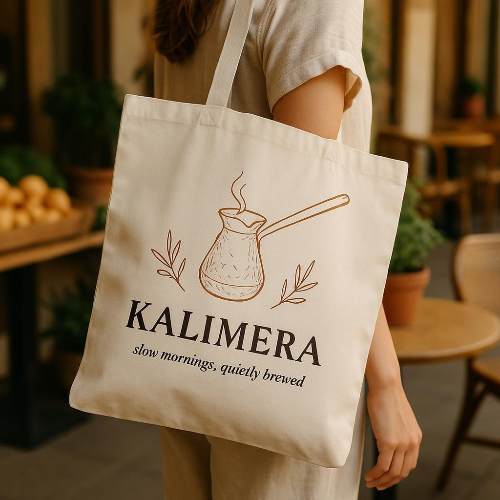 Person carrying the Mediterranean coffee tote over the shoulder on a sunlit coastal street