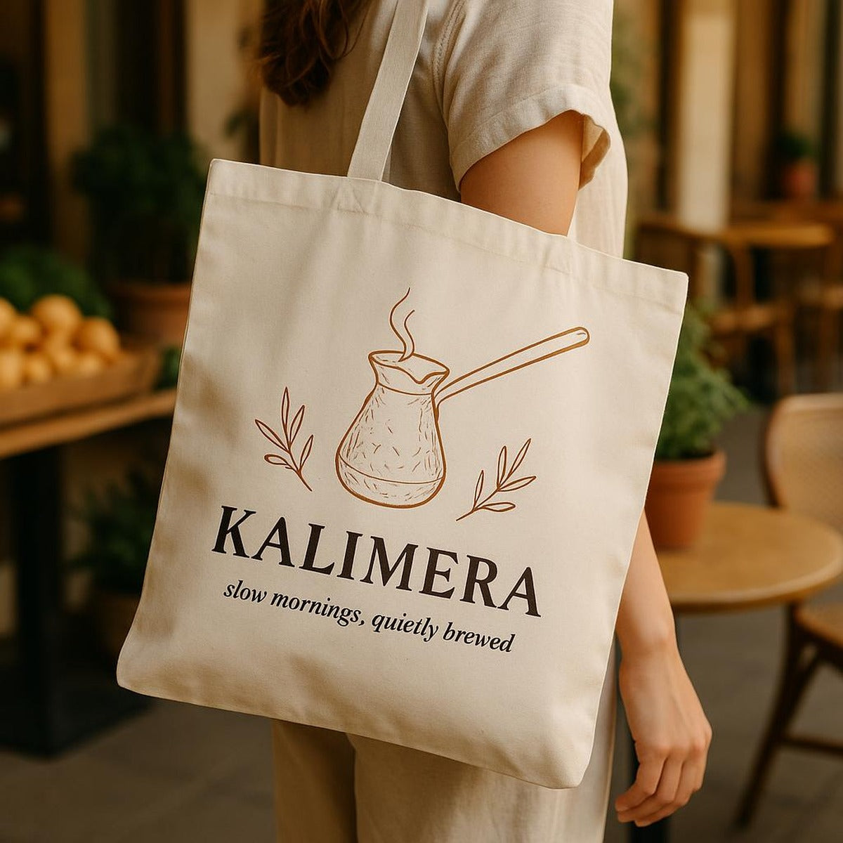 Person carrying the Mediterranean coffee tote over the shoulder on a sunlit coastal street