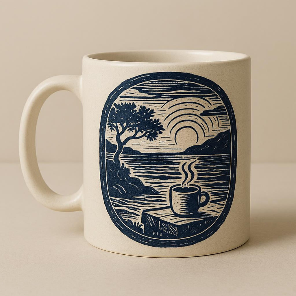 Aurora mug styled on a quiet desk with an open book and morning light
