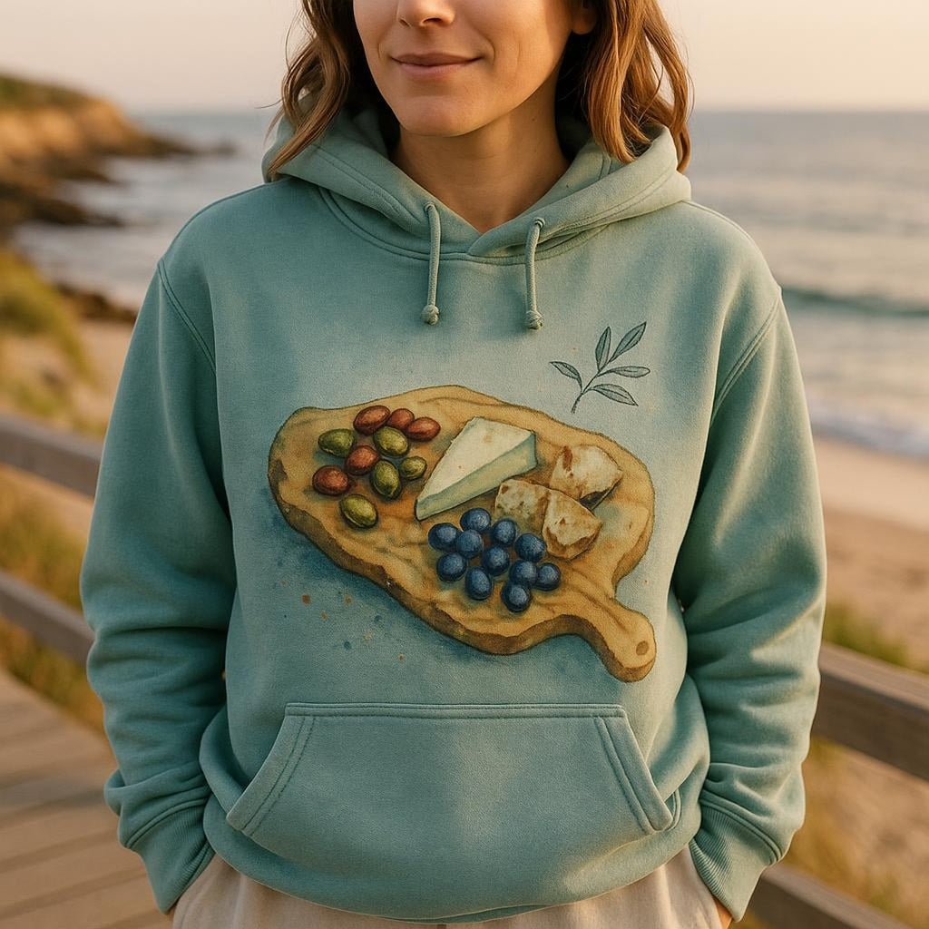 Person wearing the olive green grazing paddle hoodie at a sunlit terrace table set for a long Mediterranean lunch