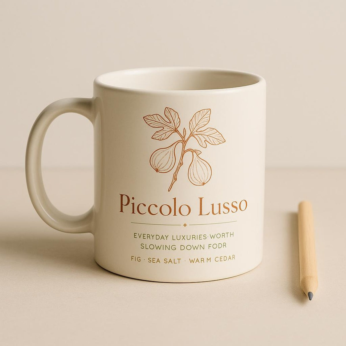 Mug beside a soy candle and linen napkin on a sunlit terrace table