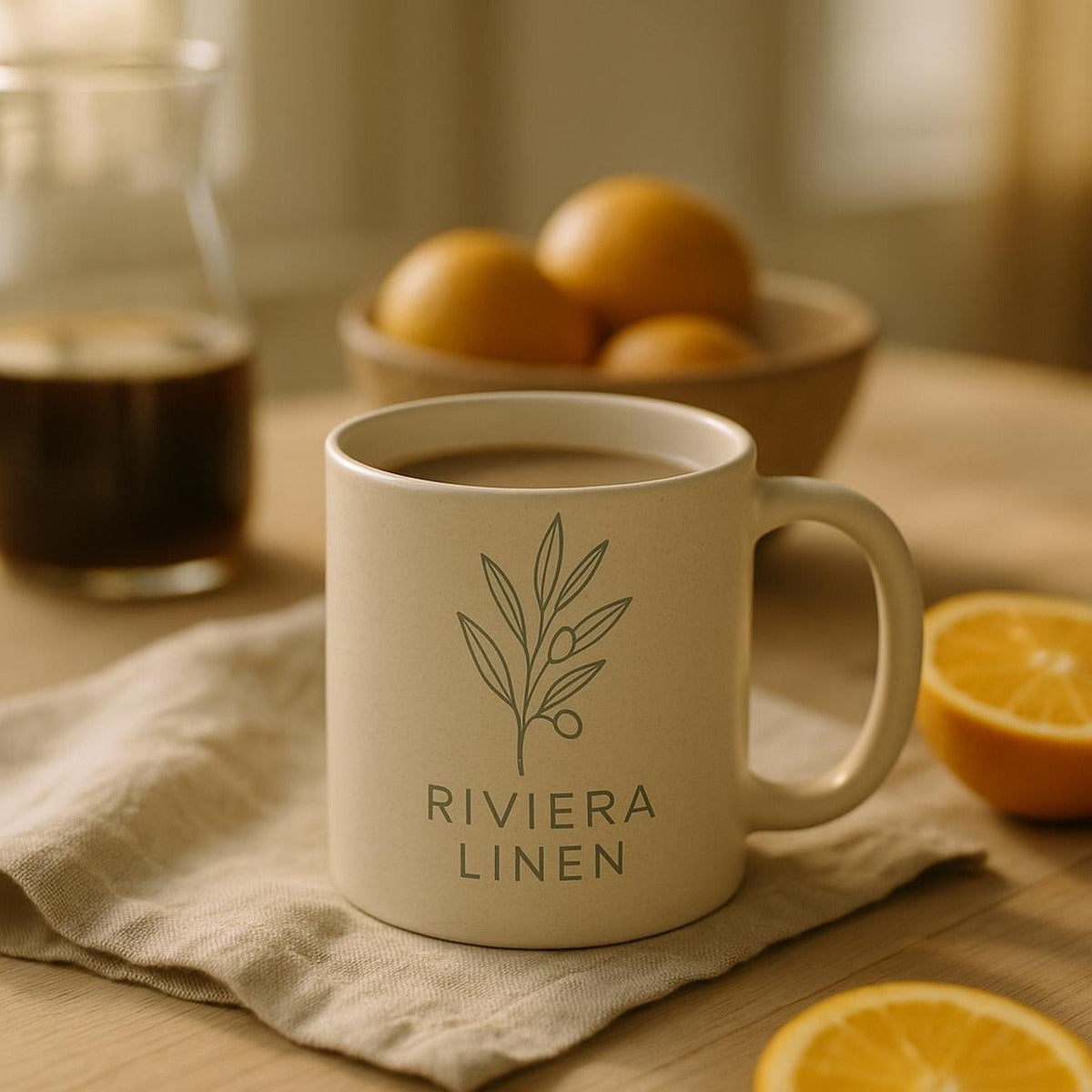 Lifestyle scene of the coastal mug on a linen-draped table beside morning coffee