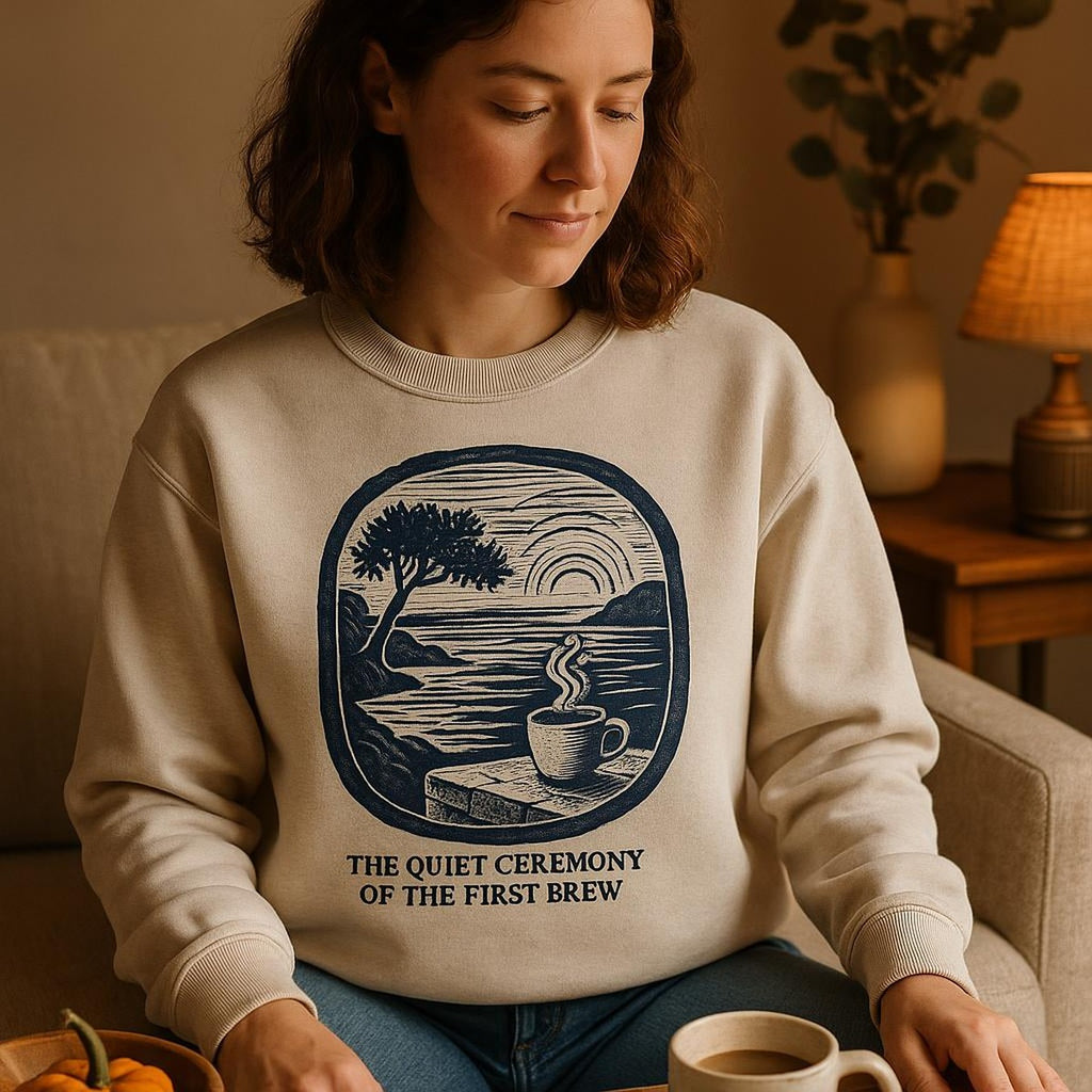 Person in the coffee scoop sweatshirt holding a ceramic mug in a sunlit Mediterranean kitchen