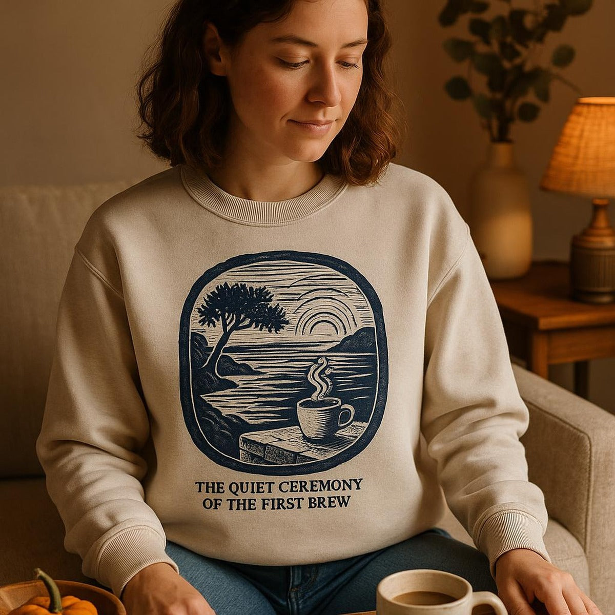 Person in the coffee scoop sweatshirt holding a ceramic mug in a sunlit Mediterranean kitchen