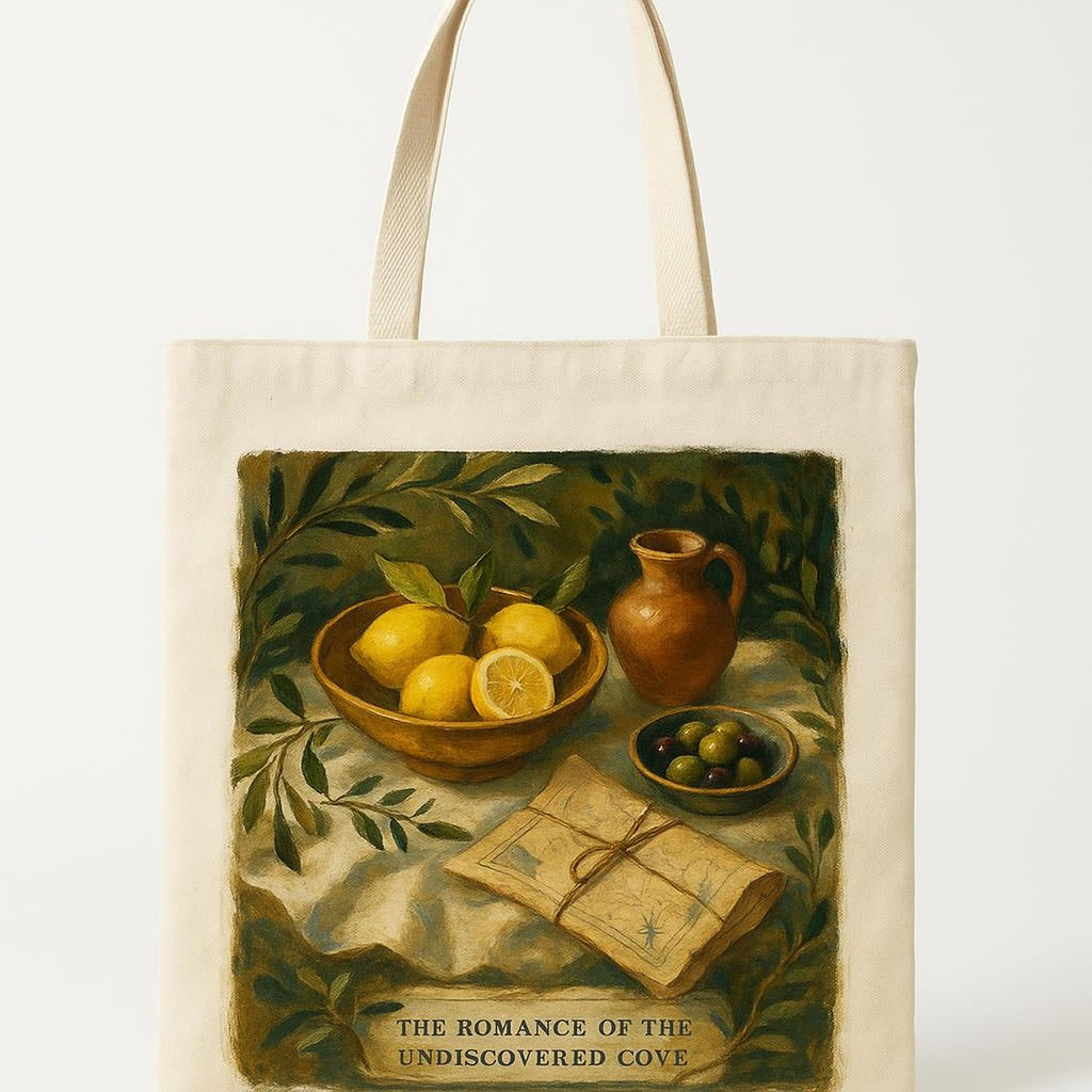 Oatmeal cotton-linen tote bag printed with a hand-drawn archipelago map in faded navy ink