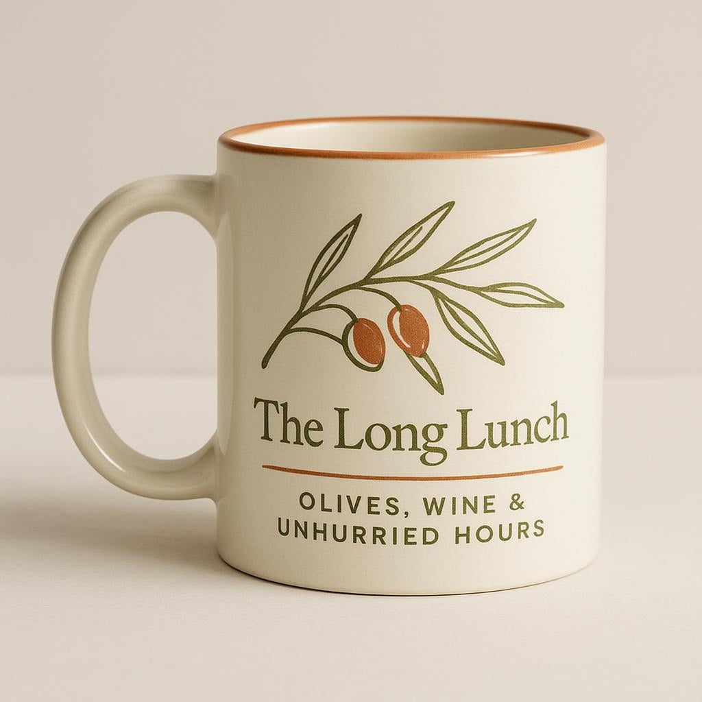 Two stoneware mugs on a long-lunch table setting with bread and olive dishes