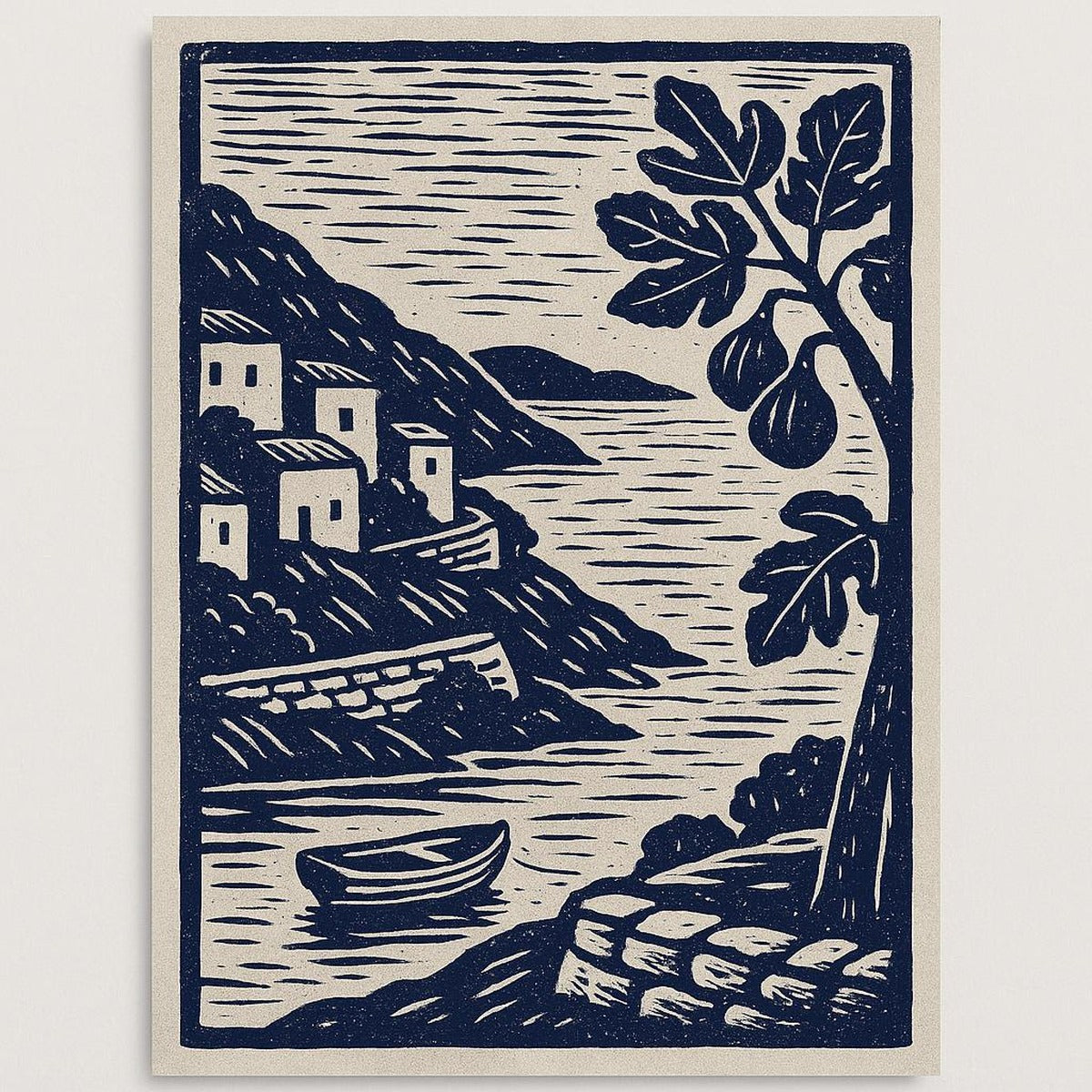 Art print of a stonewashed linen apron with leather-tab neck in warm stone and fig tones