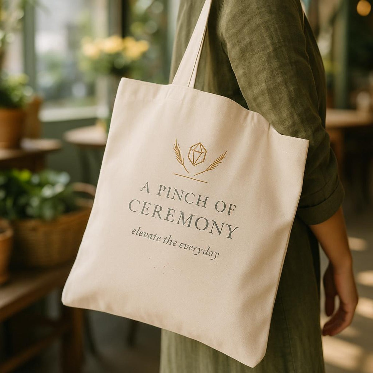 Tote bag shown filled with fresh produce and bread to display its roomy size