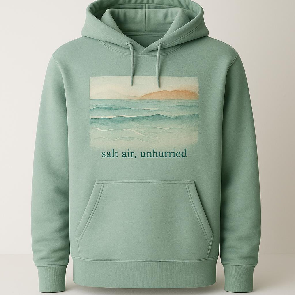 Sea-glass green heavyweight loopback hoodie shown flat on a pale sandy background