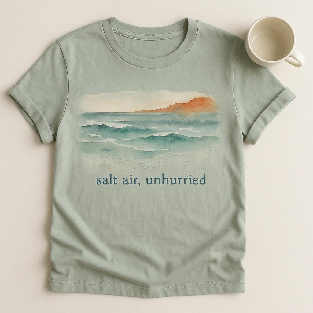 Folded t-shirt beside a shell and linen towel showing scale and colour