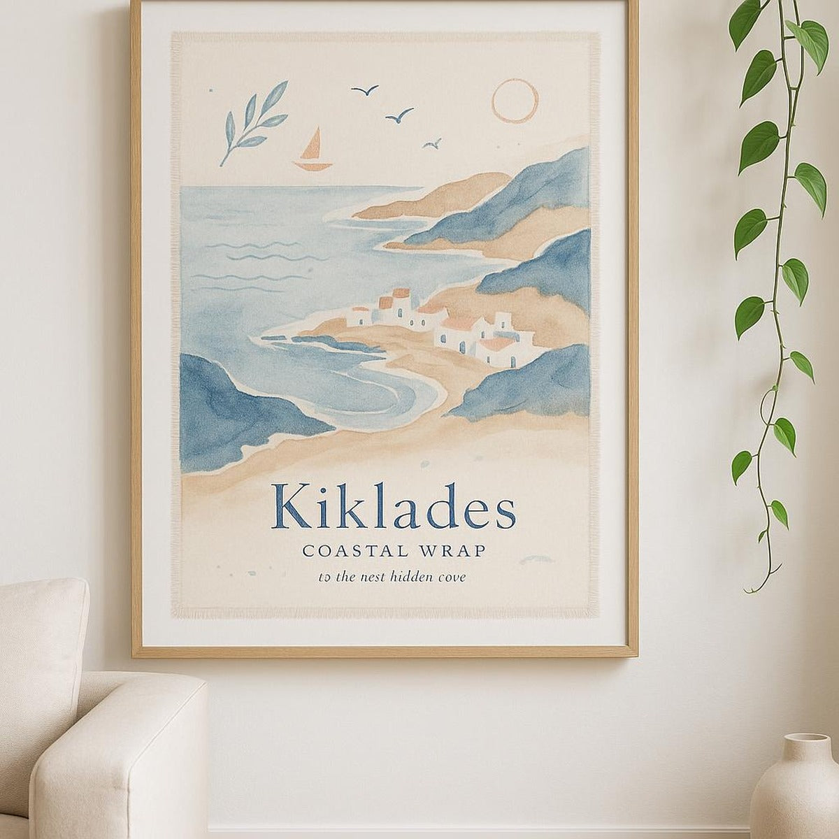 Neutral coastal poster styled in a minimalist living room with linen sofa and natural light