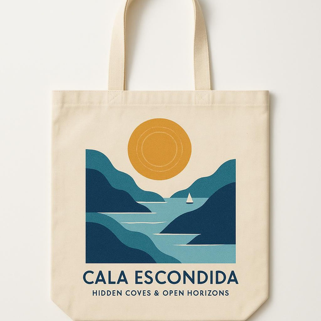 Ochre and sea-blue cotton canvas tote bag printed with an abstract sun and sea motif, shown flat against a neutral background