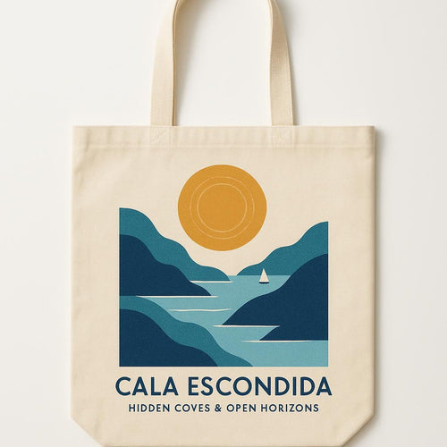 Ochre and sea-blue cotton canvas tote bag printed with an abstract sun and sea motif, shown flat against a neutral background