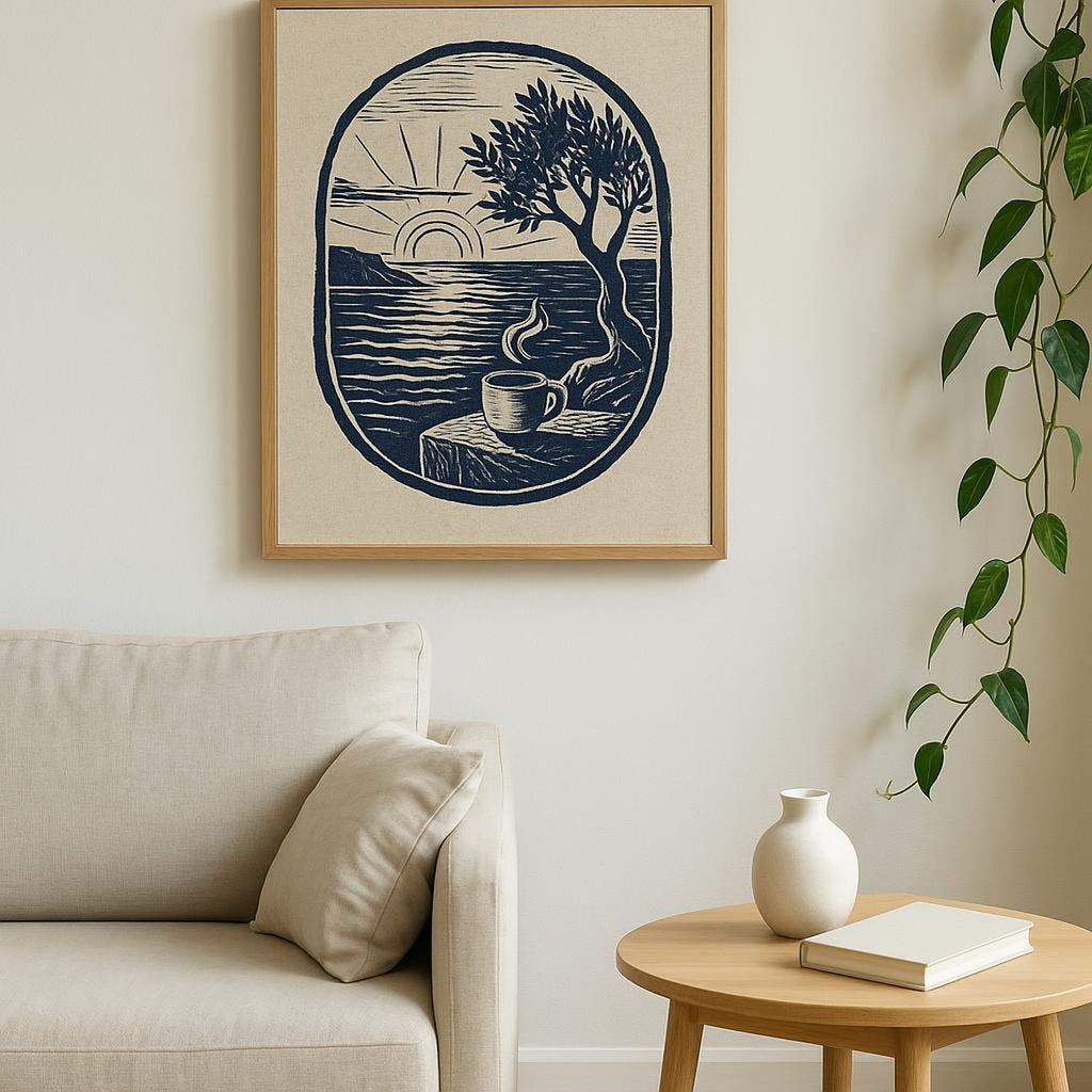 Framed coffee ritual poster styled in a sunlit Mediterranean breakfast nook
