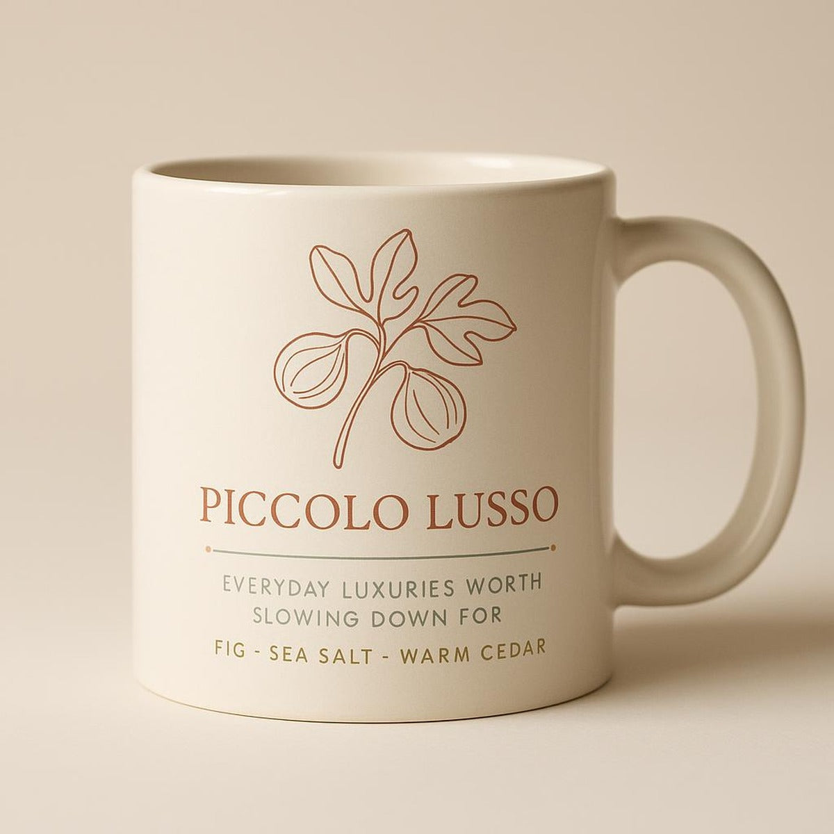 Overhead shot of the mug with fig, sea salt and cedar styling props