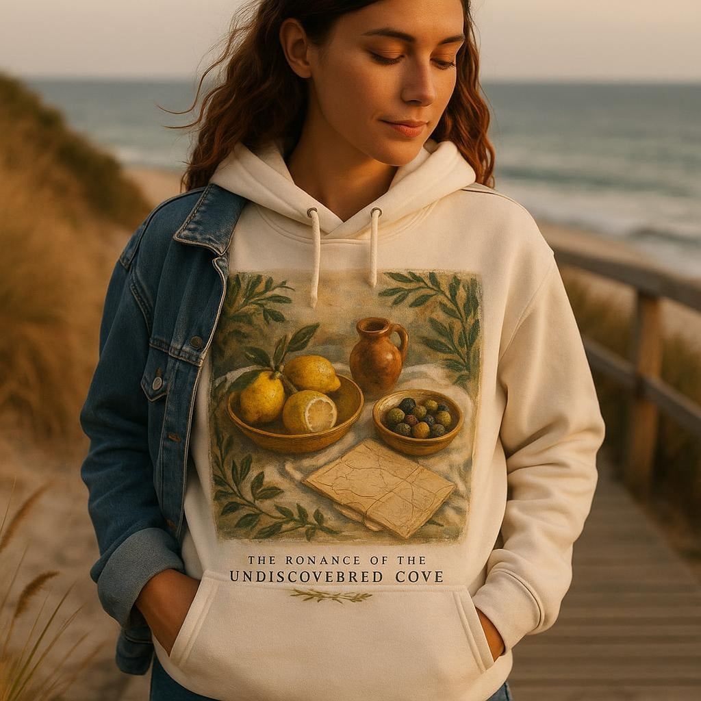 Person in the cove map hoodie leaning on a harbour railing on a cool coastal evening