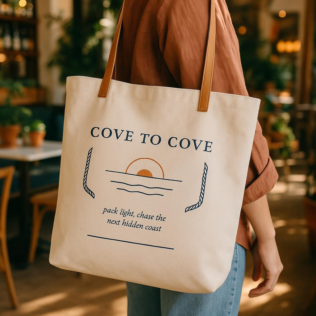 Overhead shot of the tote packed with a rolled towel, book and water bottle on wooden decking