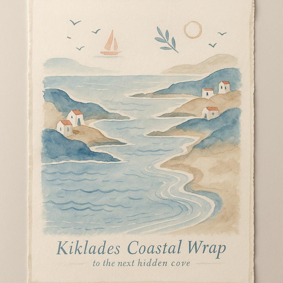 Framed seaside print on a hallway wall beside a woven basket and dried grasses
