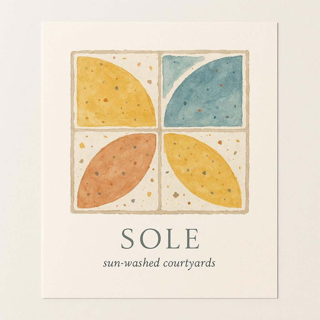 Hero view of Terrazzo Sole poster showing ochre and azure tile-inspired terrazzo pattern on matte paper