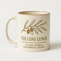 Hand-thrown olive green stoneware mug with terracotta glaze on a rustic table