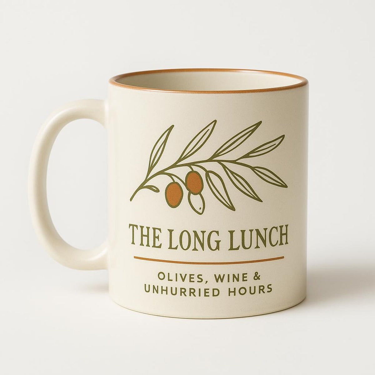 Hand-thrown olive green stoneware mug with terracotta glaze on a rustic table