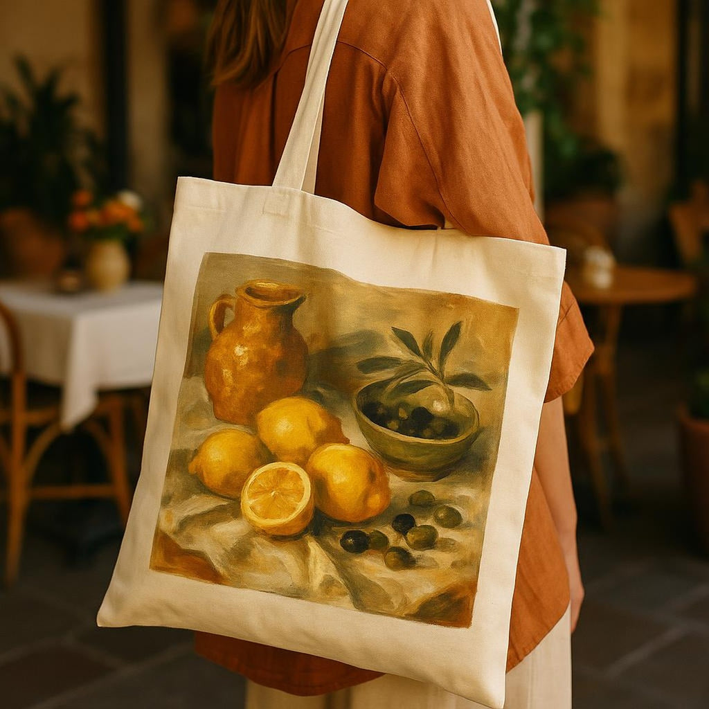 The tote resting on a wooden bench beside terracotta pots in a relaxed Mediterranean courtyard