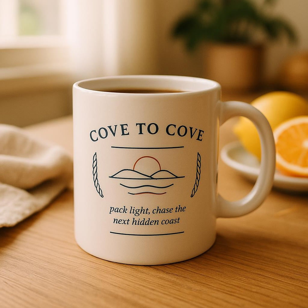 Cove-to-Cove mug styled on a rustic kitchen counter with linen and morning light