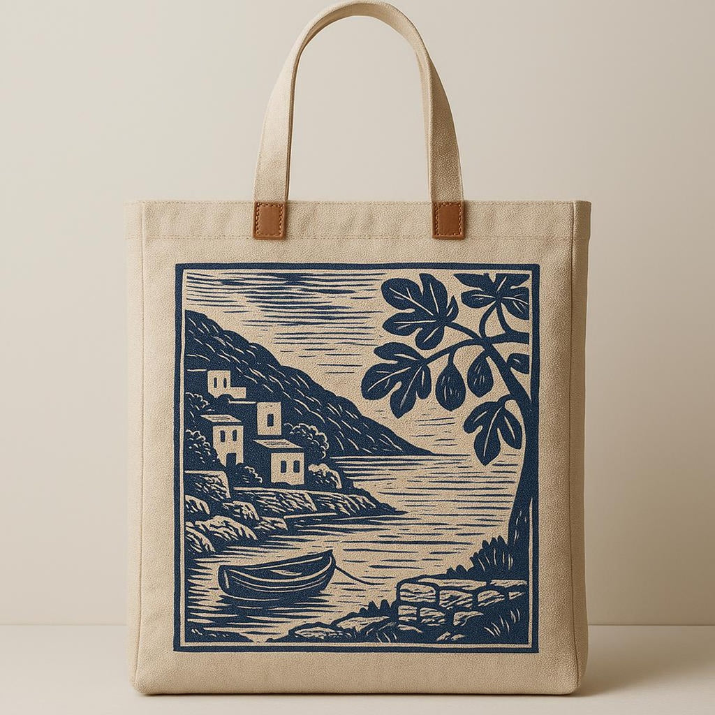 Neutral linen tote hanging on a kitchen hook beside a wooden countertop and utensils