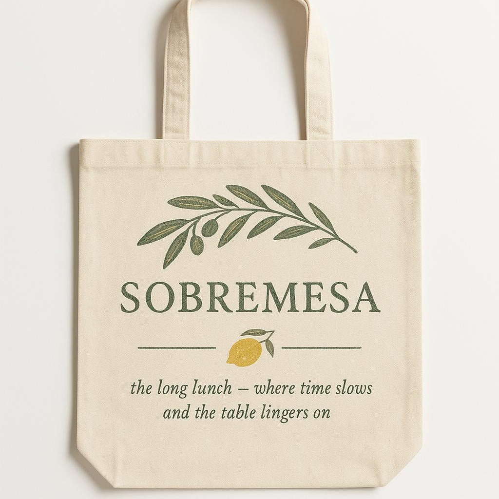 Natural cotton tote bag printed with a rustic ceramic carafe in coastal blue glaze, shown flat on a linen backdrop