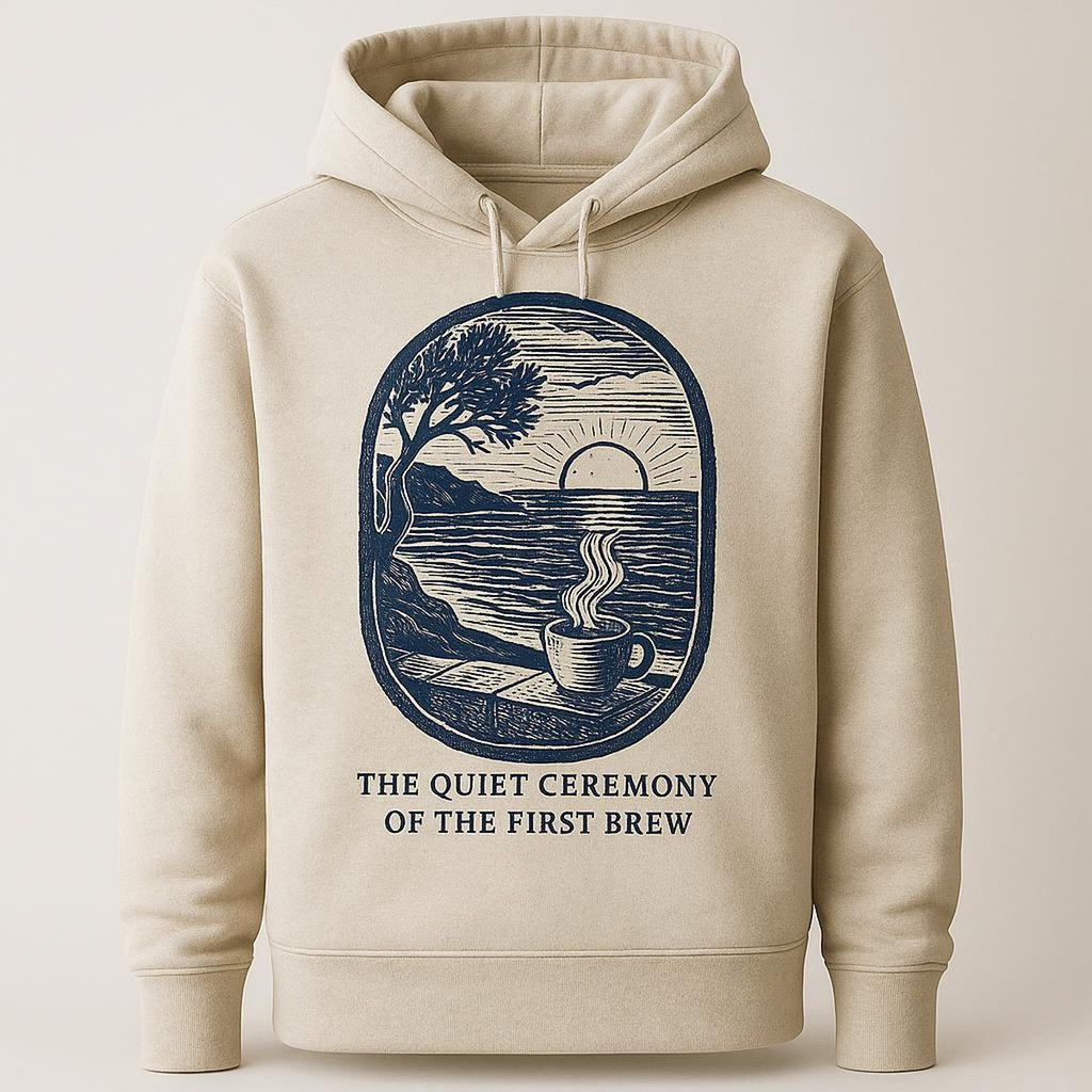 Olive-green heavyweight hoodie displayed flat with a hand-drawn olive-wood coffee scoop illustration on the chest