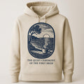 Olive-green heavyweight hoodie displayed flat with a hand-drawn olive-wood coffee scoop illustration on the chest