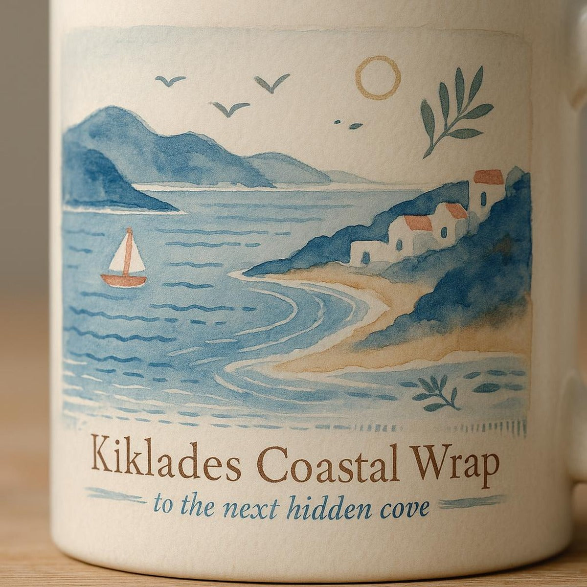 Close-up of the sun-bleached horizontal wash print and glossy glaze on the ceramic mug