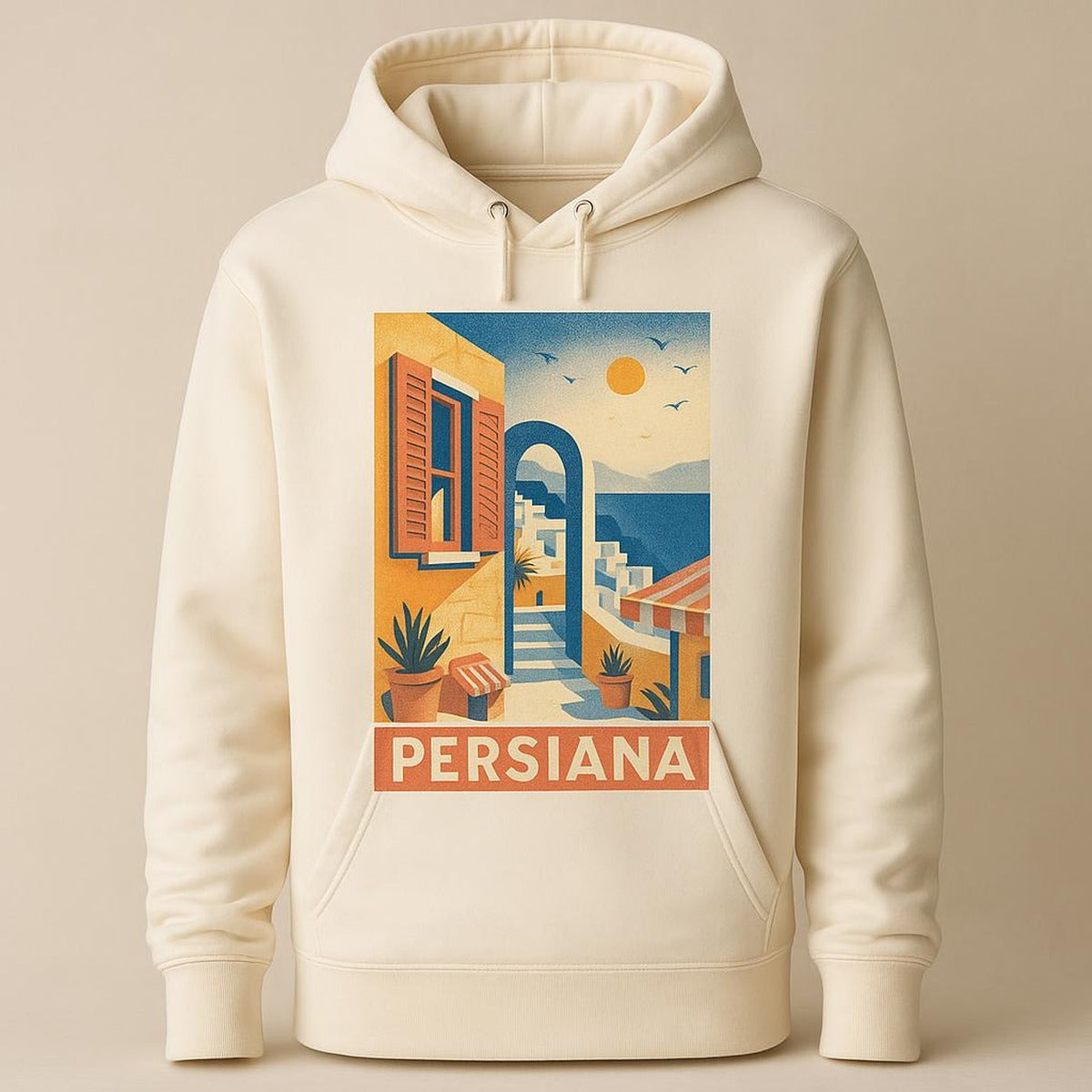 Sun-stripe hoodie styled in a calm sun-washed room with linen and rustic decor