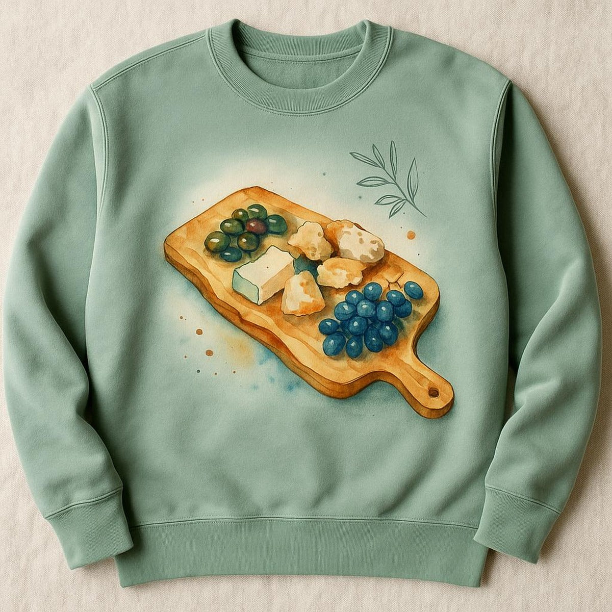 Sweatshirt laid flat on a linen cloth beside olives and cheese, styled for a cosy Mediterranean setting