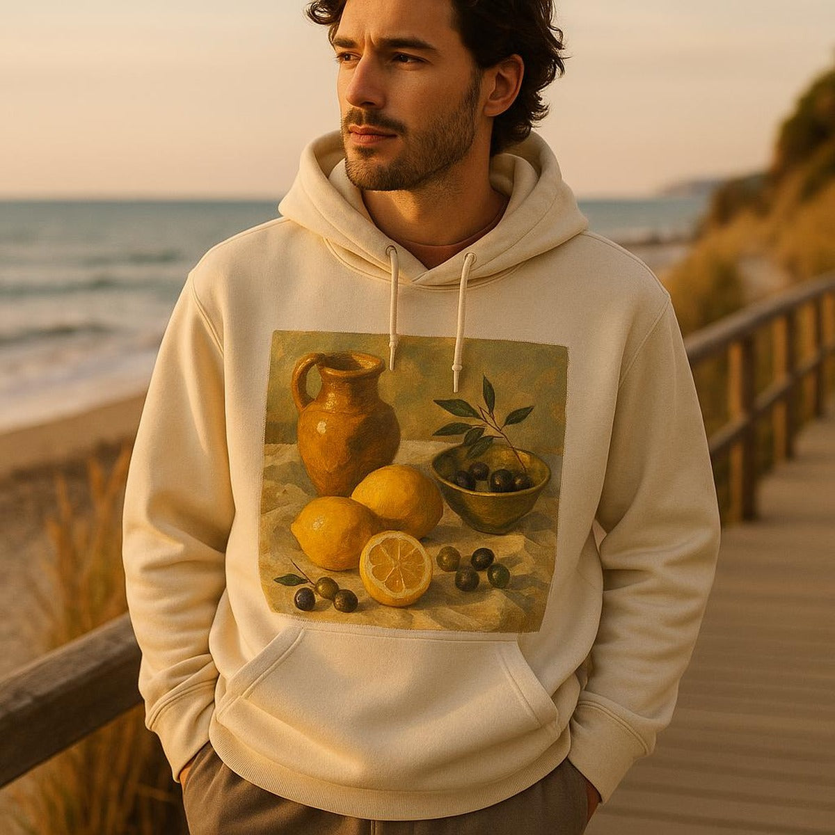 Person wearing the stone Riviera hoodie on a coastal terrace at dusk, relaxed off-duty look